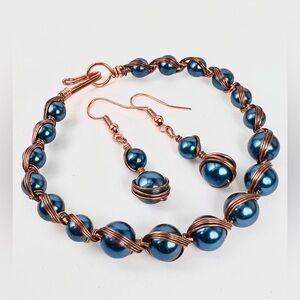 Handmade Copper Wrap Blue Hematite Bracelet and Earrings Set